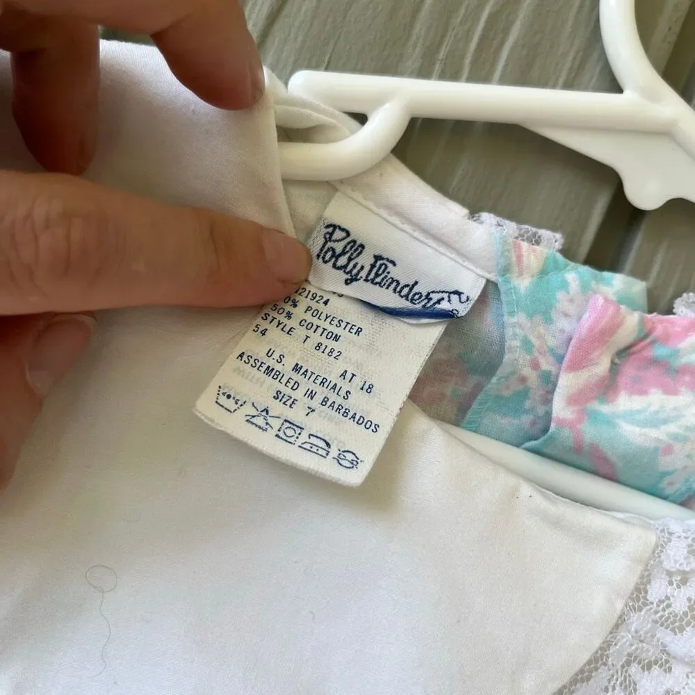 VTG Polly Flinders Pastel Floral Smocked Prairie Dress Girls 7 Lace Collar